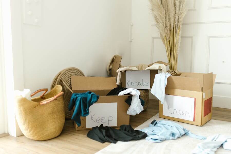 Decluttering Tips | boxes with keep. throw away or give away