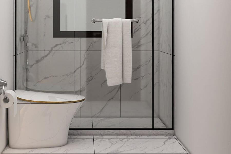 Small bathroom ideas - featuring large mirror, glass shower door and wall, recessed toilet
